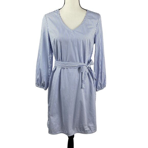 J. Crew Women's Dress Small Blue Striped Tie Waist Poplin V Neck Long Sleeve - Picture 1 of 10